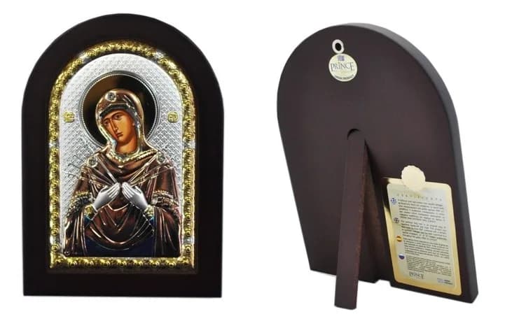 Икона «Семистрельная», арочная,риза металл,рамка тёмный мдф,напыление сер.&зол.&цветная эмаль, 10×14 см