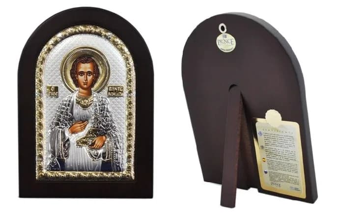 Икона «Пантелеймон», арочная, риза металл, рамка тёмный мдф, напыление серебро&золото, 10×14 см