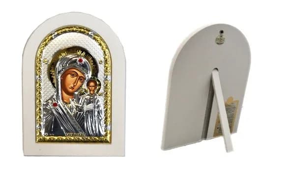 Икона «Казанская», арочная, риза металл, рамка светлый мдф, напыление серебро&золото, 10×14 см