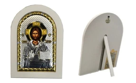 Икона «Спаситель», арочная, риза металл, рамка светлый мдф, напыление серебро&золото, 10×14 см
