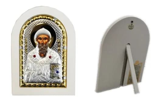 Икона «Спиридон Тримифунтский»,арочная,риза металл,рамка светлый мдф,напыление серебро&золото, 10×14 см