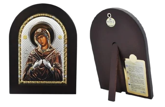 Икона «Семистрельная», арочная, риза металл, рамка тёмный мдф, напыление сер.&зол.&цв.эмаль, 15×21 см