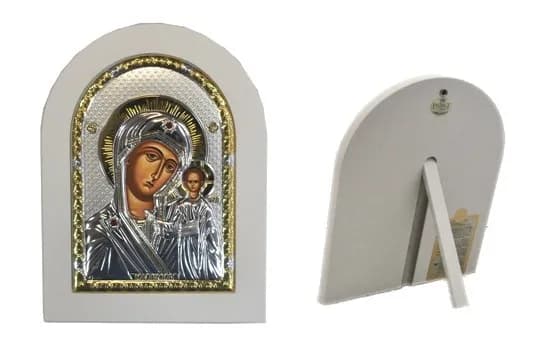 Икона «Казанская», арочная, риза металл, рамка светлый мдф, напыление серебро&золото, 15×21 см