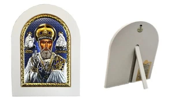 Икона «Николай Чудотворец»,арочная,риза металл,рамка светлый мдф,напыление сер.&зол.&цв.эмаль, 15×21 см
