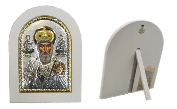 Икона «Николай Чудотворец» арочная, риза металл, рамка светлый мдф, напыление серебро и золото, 15×21 см