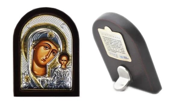 Икона «Казанская», арочная, риза металл, рамка тёмный мдф, напыление серебро&золото, 4×6 см