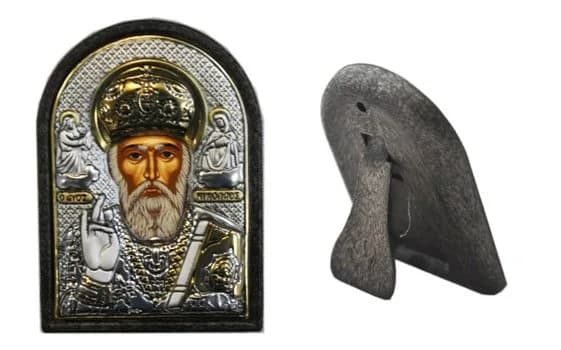 Икона «Николай Чудотворец»,арочная,риза металл,рамка пластик, напыление серебро&золото, 4×6 см
