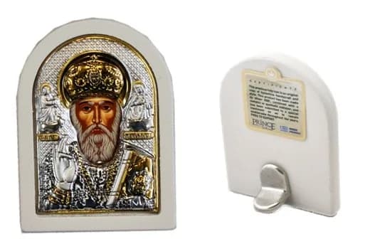 Икона «Николай Чудотворец» арочная, риза металл, рамка светлый мдф, напыление серебро и золото, 4×6 см