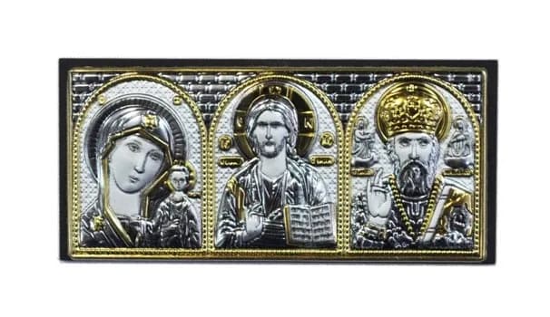 Автомобильный тройник «Спаситель, Казанская, Николай Чудотворец»,напыление зол.&сер., 3,6×8 см