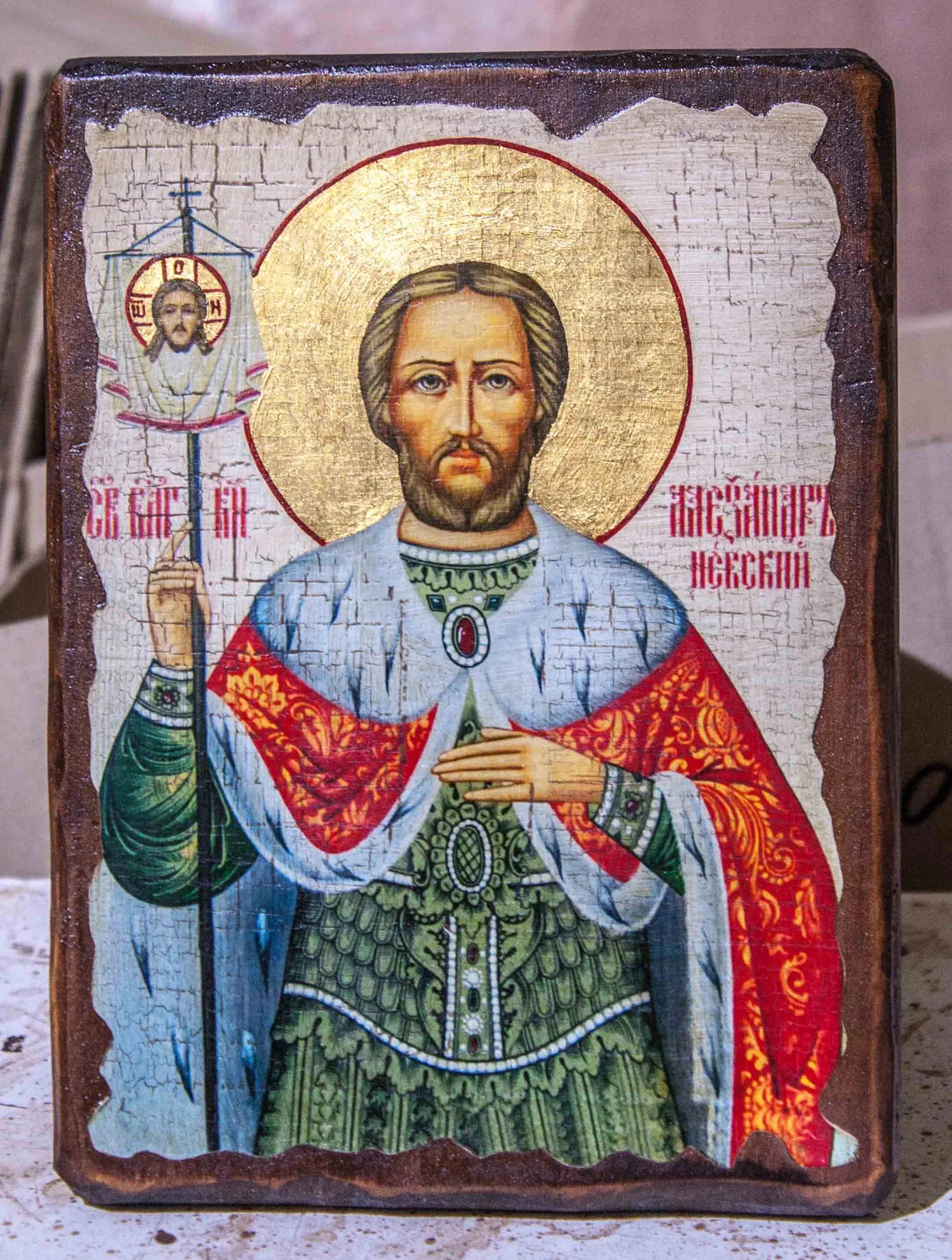 Икона «Александр Невский», дерево под старину, печать-краска, 12,5×16,5 см