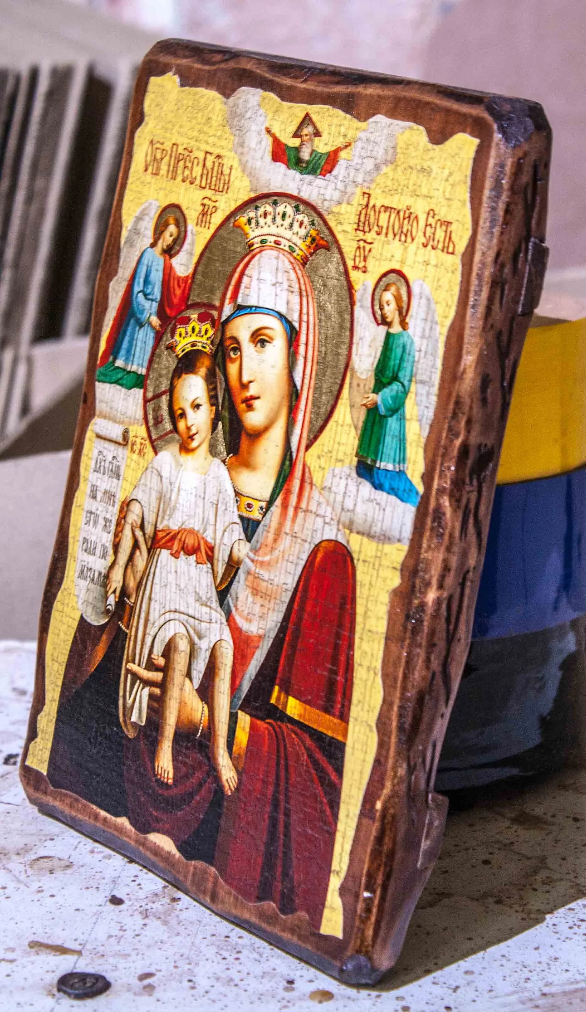 Икона «Достойно Есть», дерево под старину, печать-краска, 12,5×16,5 см
