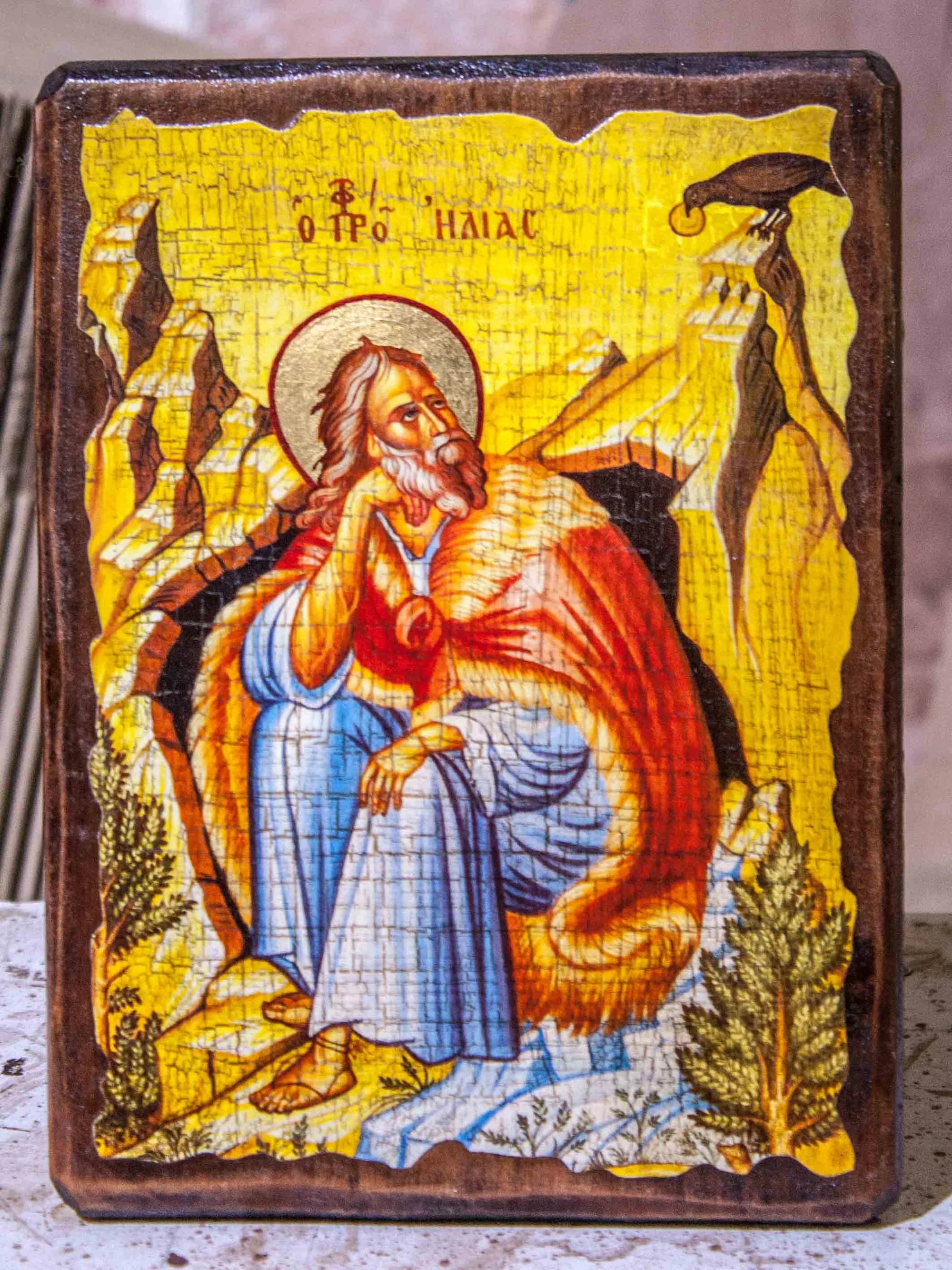 Икона «Илия Пророк», дерево под старину, печать-краска, 12,5×16,5 см