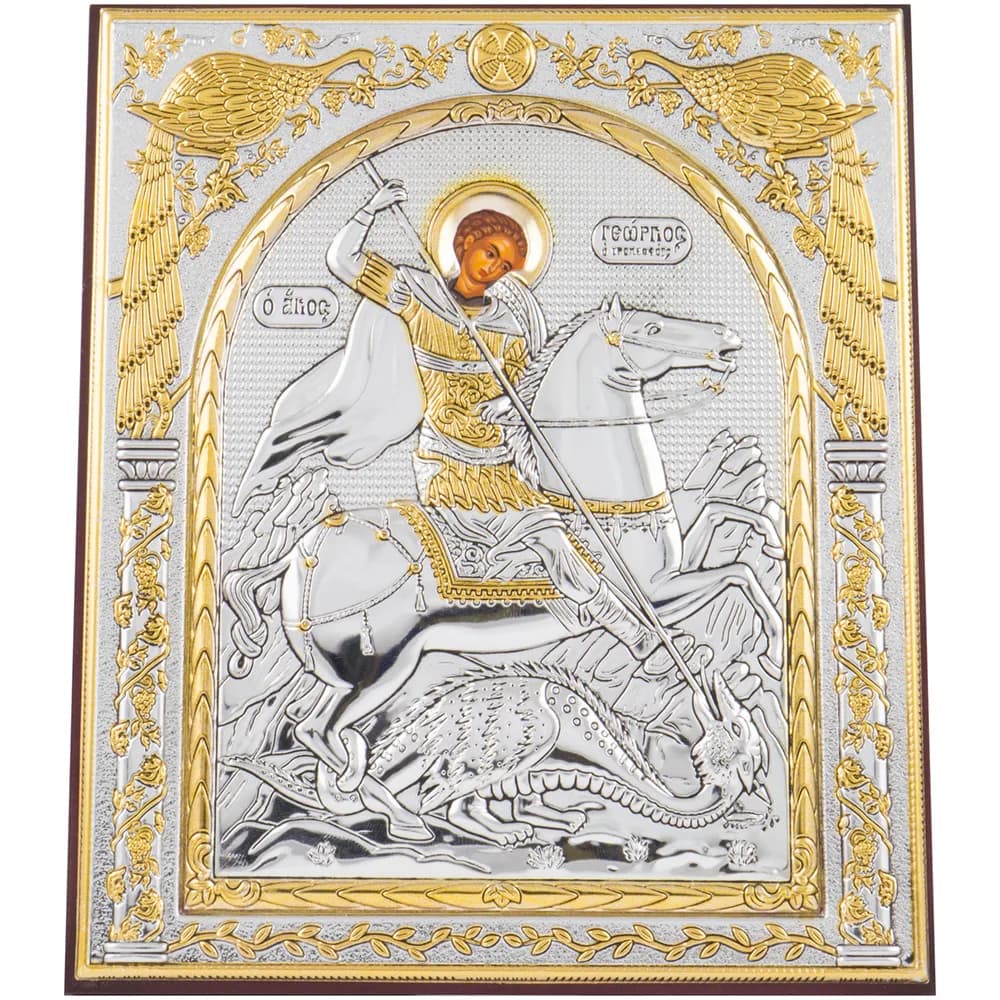 Икона «Георгий Победоносец», античная риза, металл, рамка мдф, напыление серебро&золото, 15×18 см