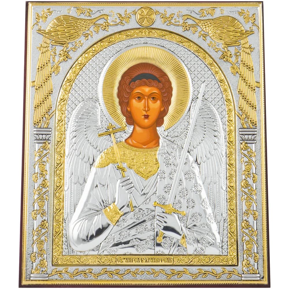 Икона «Ангел Хранитель», античная риза, металл, рамка мдф, напыление серебро&золото, 15×18 см