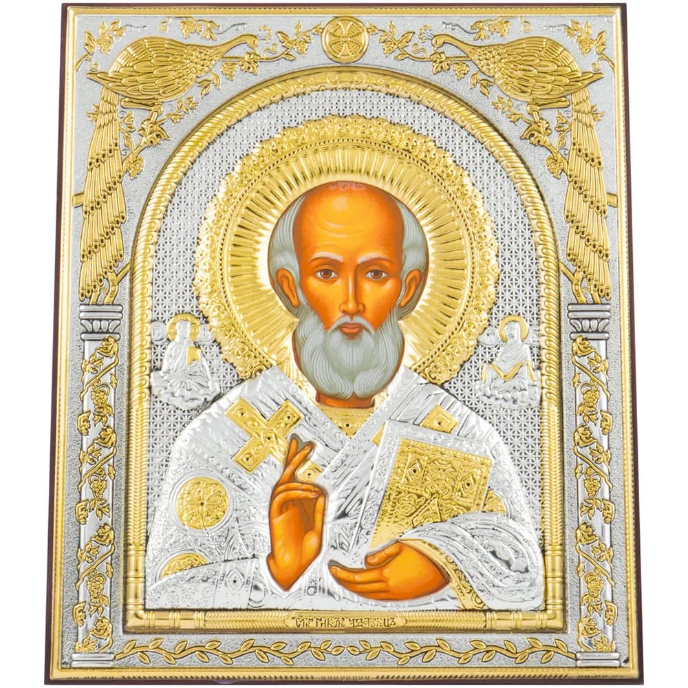 Икона «Николай Чудотворец» античная, риза металл, рамка мдф, напыление серебро и золото, 15×18 см