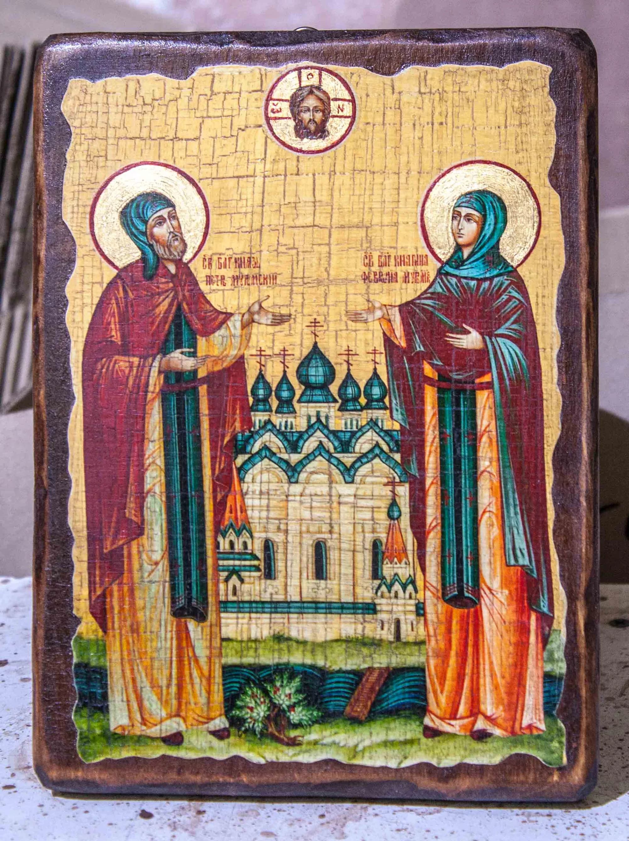 Икона «Пётр и Феврония», дерево под старину, печать краска, 12,5×16,5 см