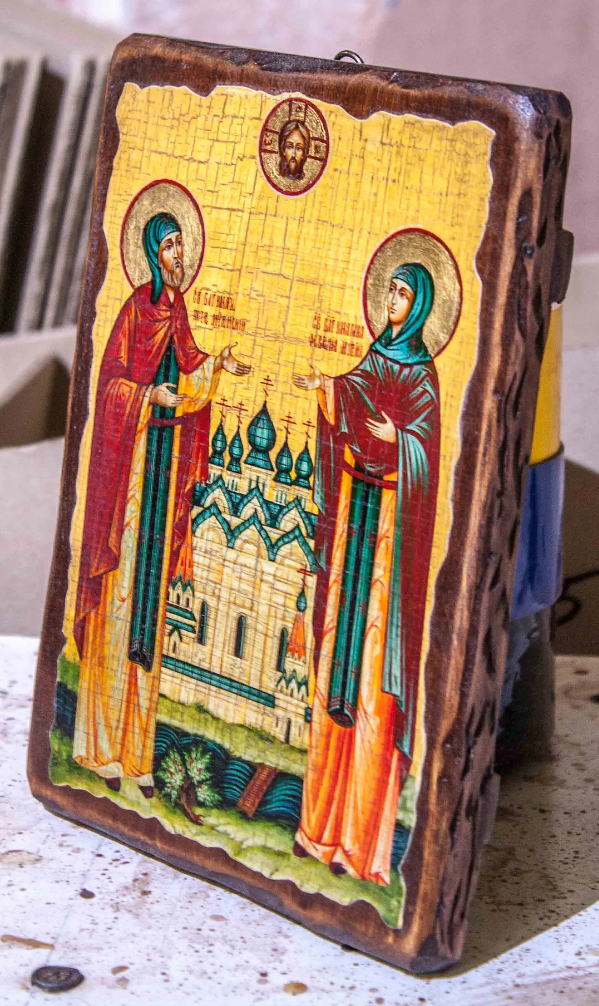 Икона «Пётр и Феврония», дерево под старину, печать краска, 12,5×16,5 см