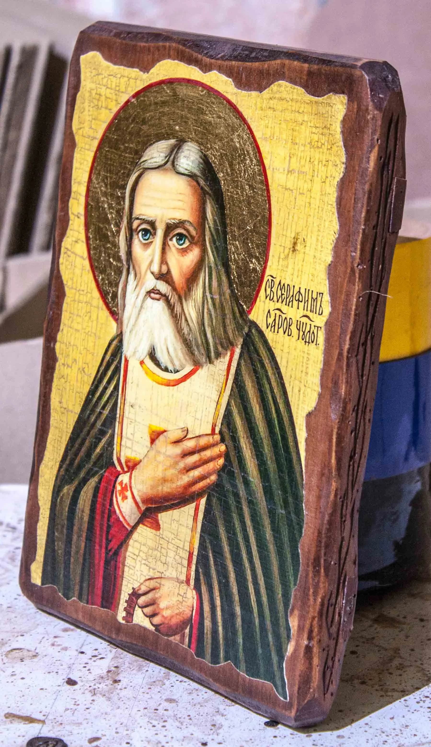 Икона «Серафим Саровский», дерево под старину, печать краска, 12,5×16,5 см