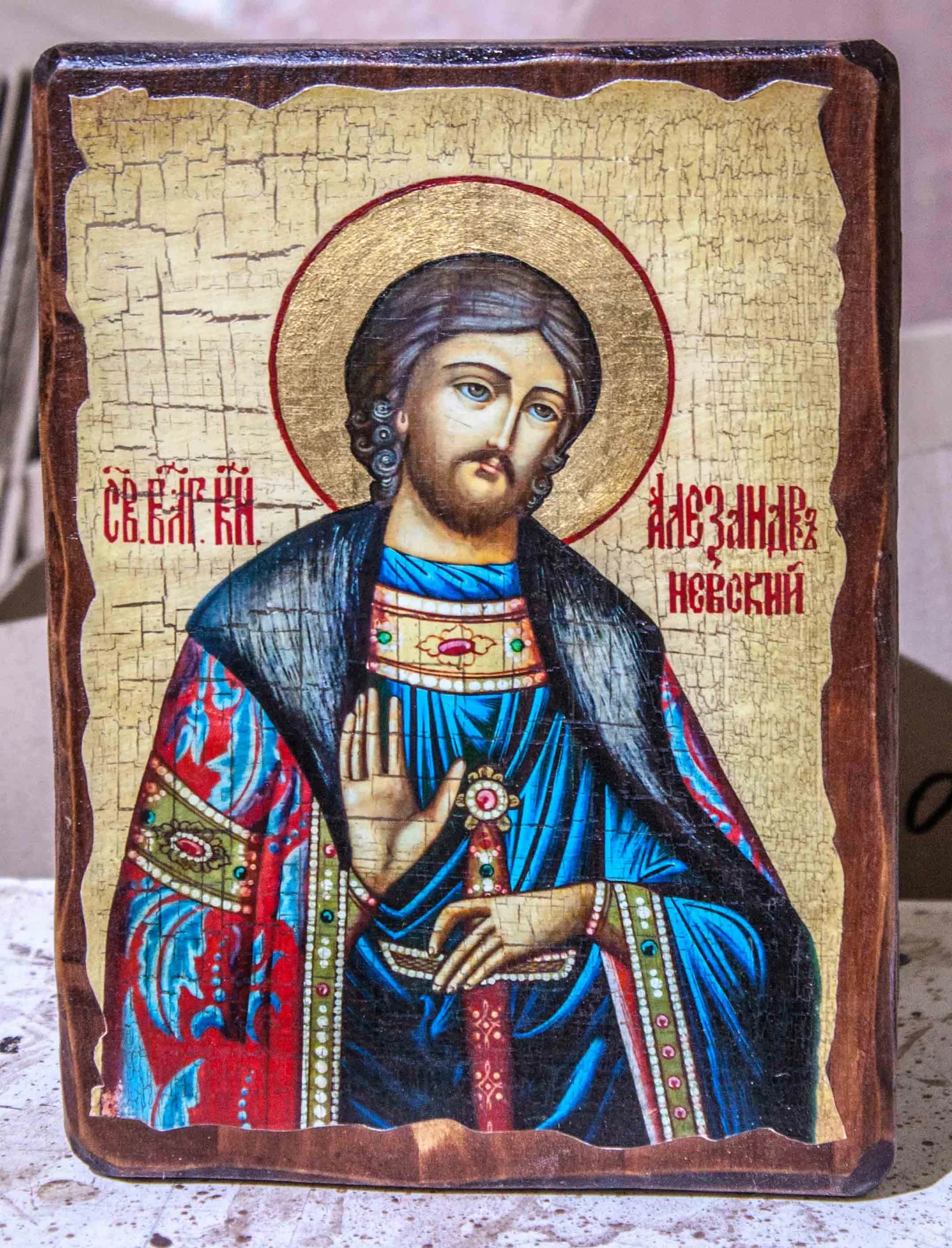 Икона «Александр Невский», дерево под старину, печать-краска, 12,5×16,5 см