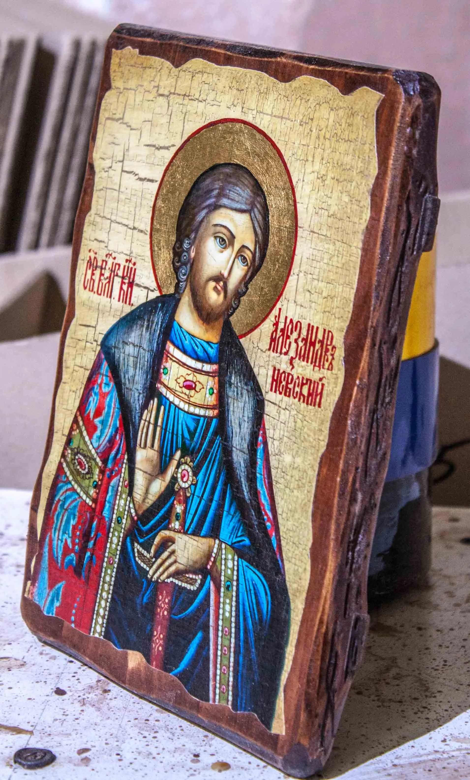Икона «Александр Невский», дерево под старину, печать-краска, 12,5×16,5 см