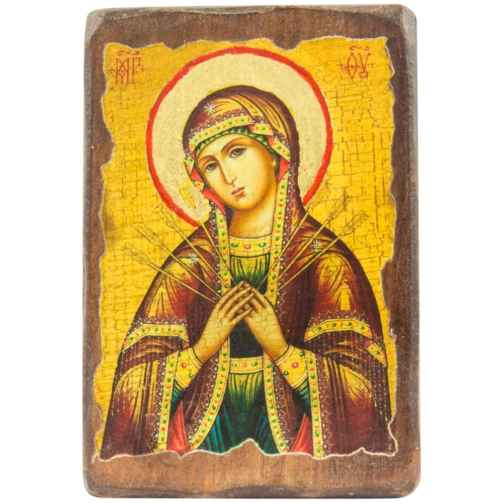 Икона «Семистрельная», дерево под старину, печать-краска, 7×10 см
