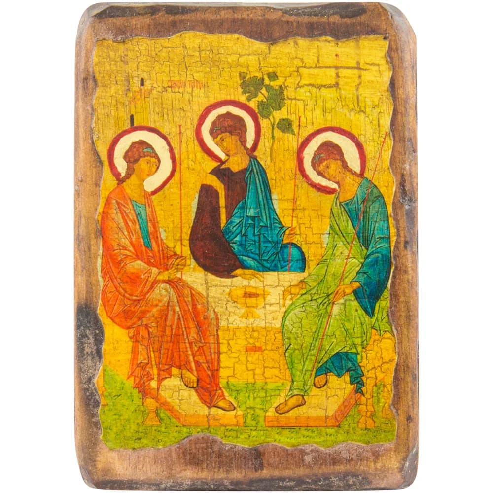 Икона «Троица», дерево под старину, печать-краска, 7×10 см