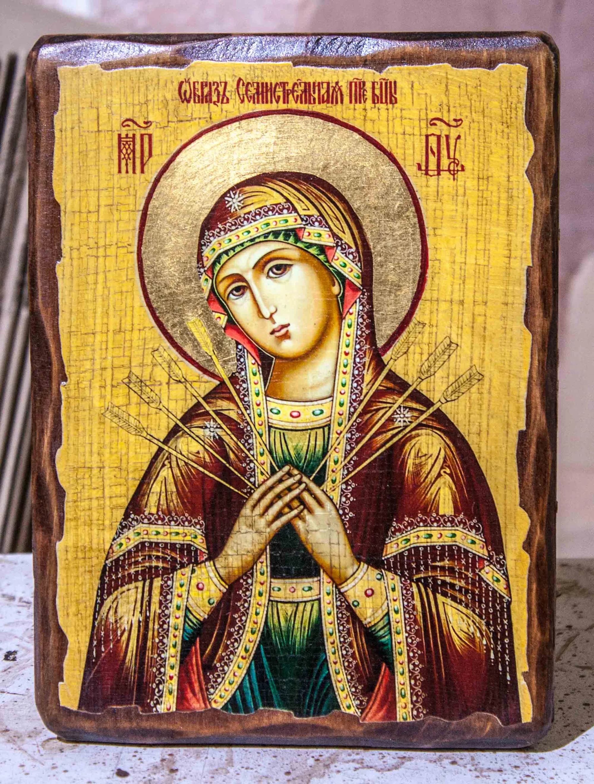 Икона «Семистрельная» дерево под старину, печать-краска, 30×42 см