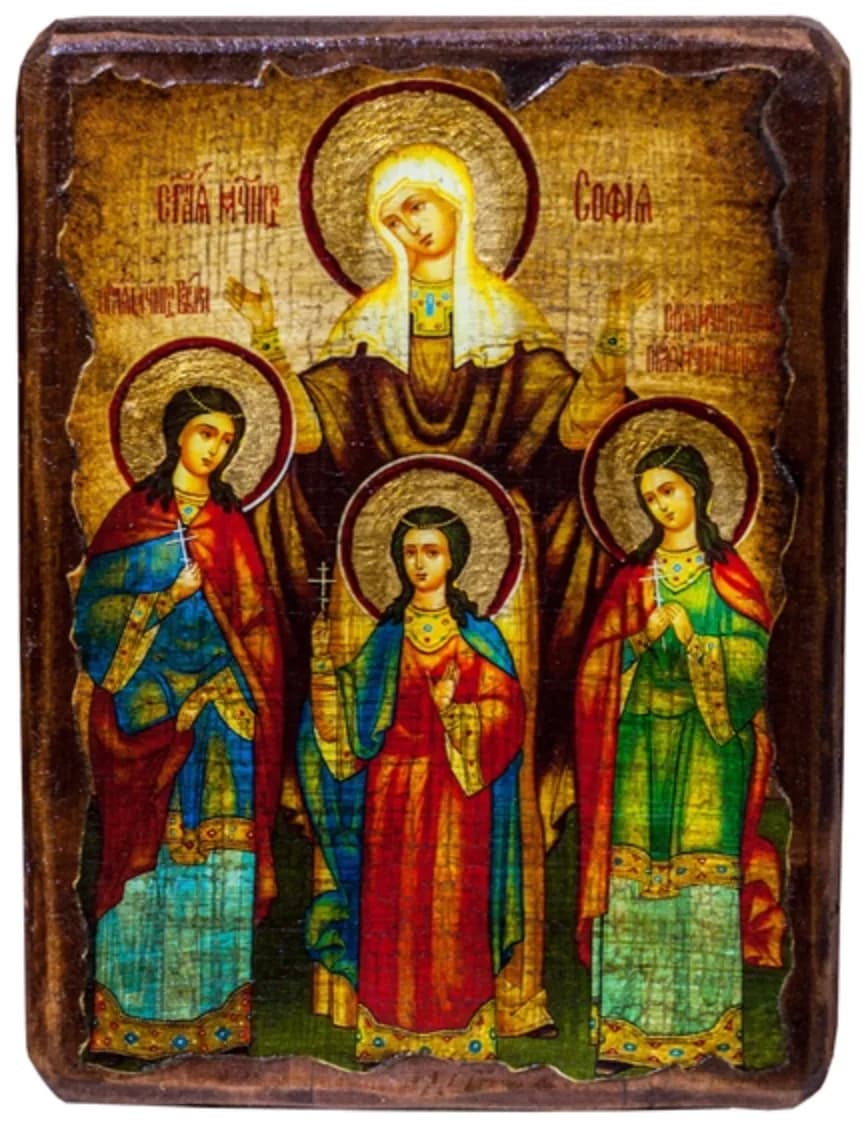 Икона «Вера, Надежда, Любовь и София» дерево под старину, печать-краска, 12,5×16,5 см