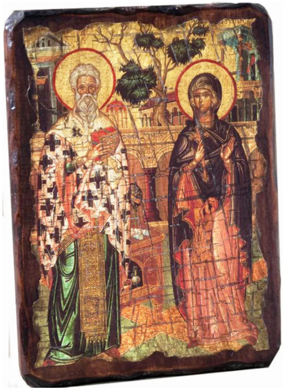Икона «Киприан и Устинья», дерево под старину, печать-краска, 17×23 см