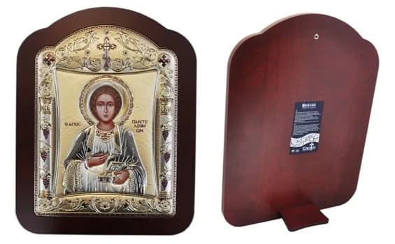 Икона «Пантелеймон», риза металл, фигурная рамка, напыление золото, 28,7×36,5 см