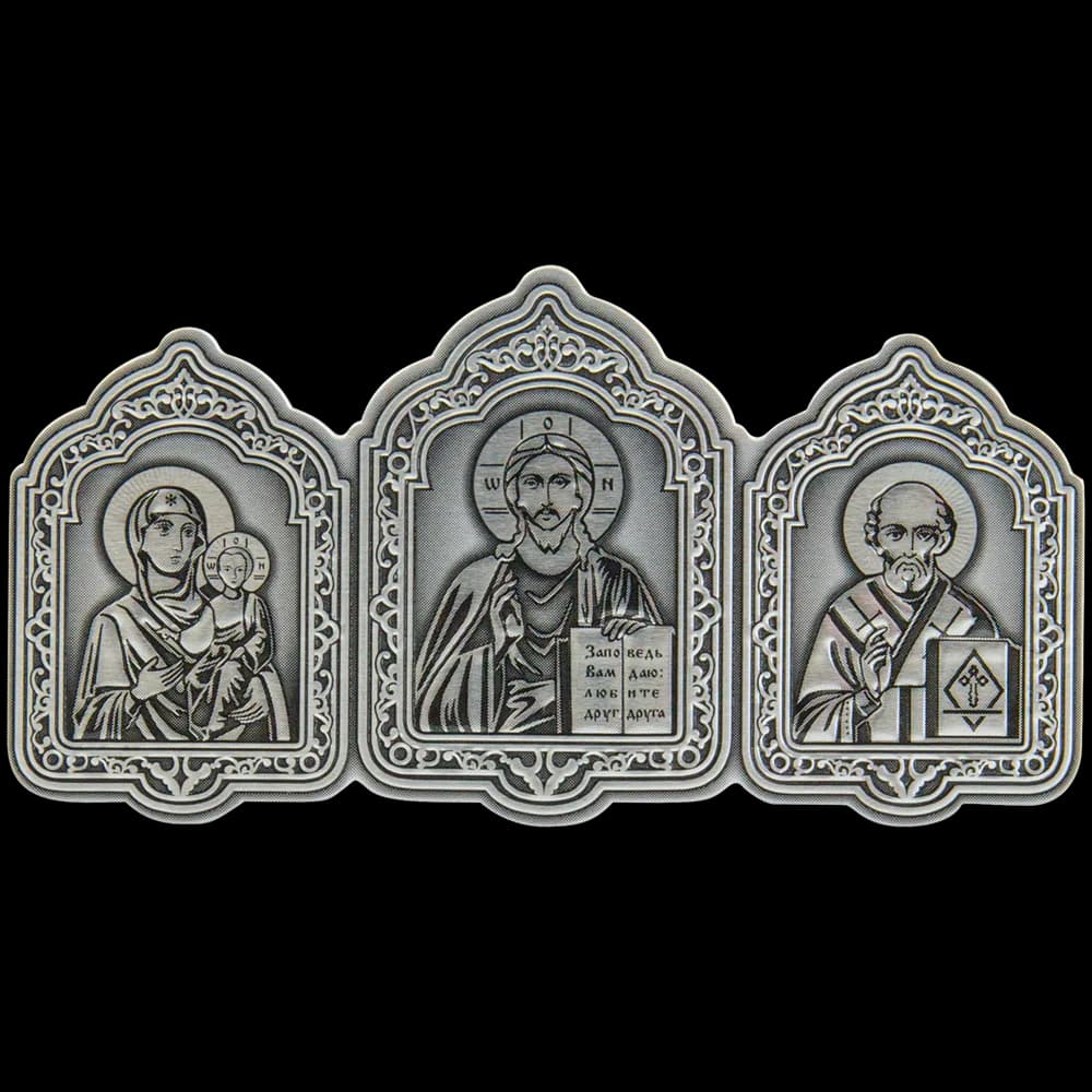 Автомобильный тройник «Вседержитель, Казанская, Николай Чудотворец», металл, серебро, 4,5×8,0 см
