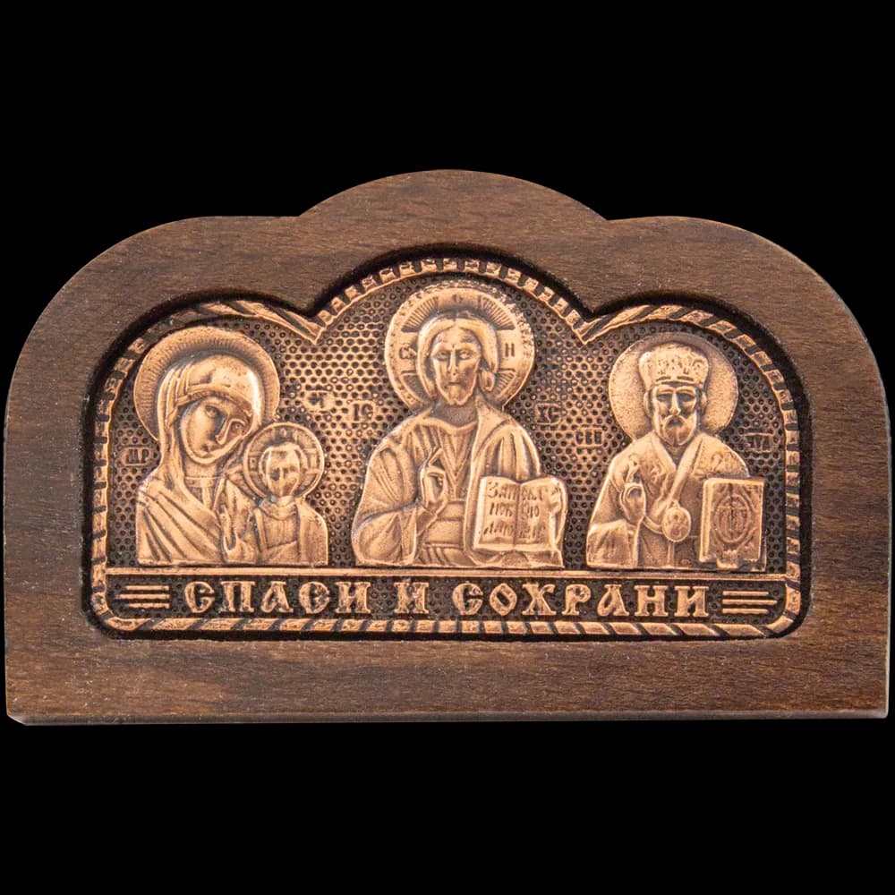 Автомобильный тройник «Спаситель, Казанская, Николай Чудотворец» дерево, медь, 4×6,5 см