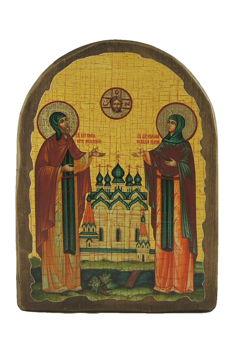 Икона «Пётр и Феврония» арочная, дерево под старину, печать-краска, 17×23 см