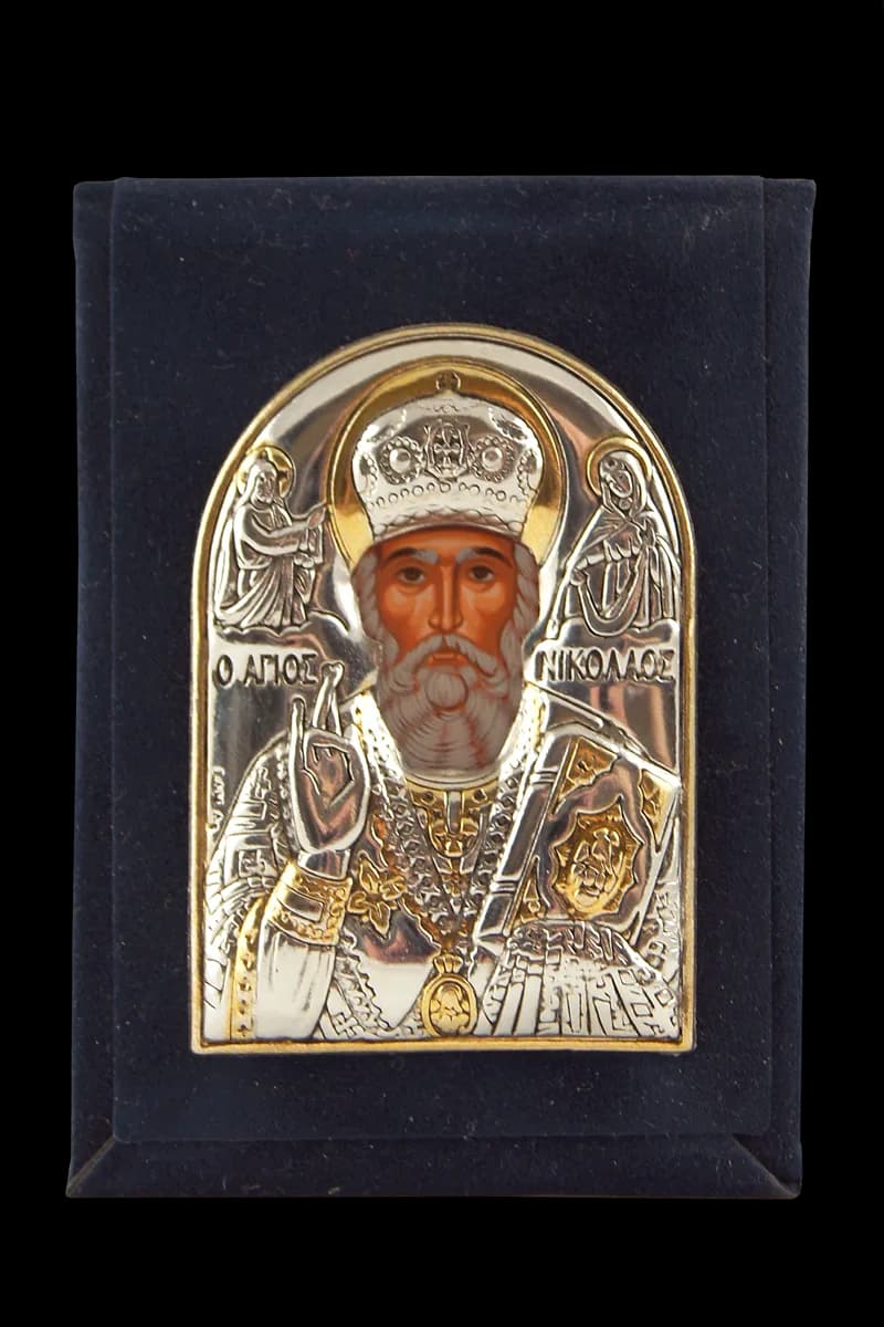 Икона дорожная «Николай Чудотворец», риза, складной бархатный чехол, напыление серебро&золото, 5×8 см