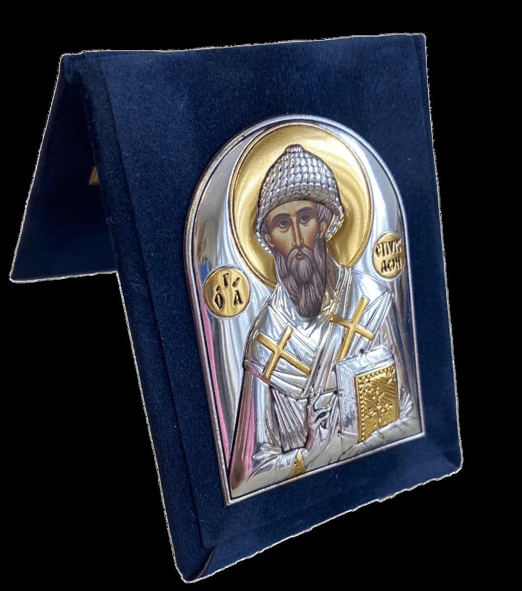 Икона дорожная «Спиридон Тримифунтский» риза, складной бархатный чехол, напыление серебро и золото, 5×8 см
