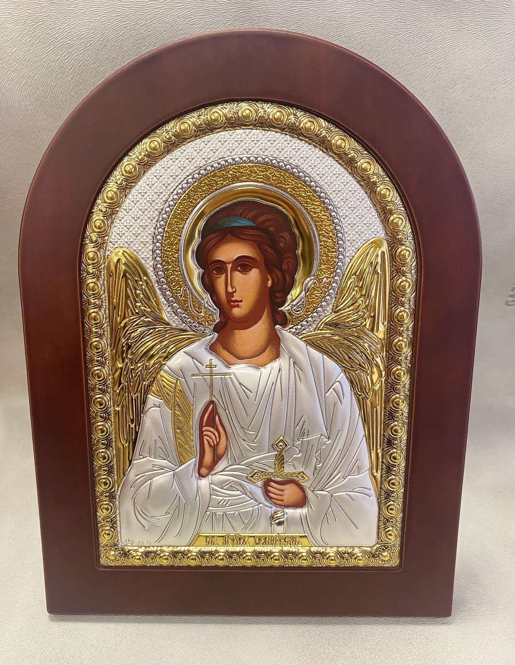 Икона «Ангел Хранитель» арочная, риза металл, рамка тёмный мдф, напыление серебро и золото, 15×21 см