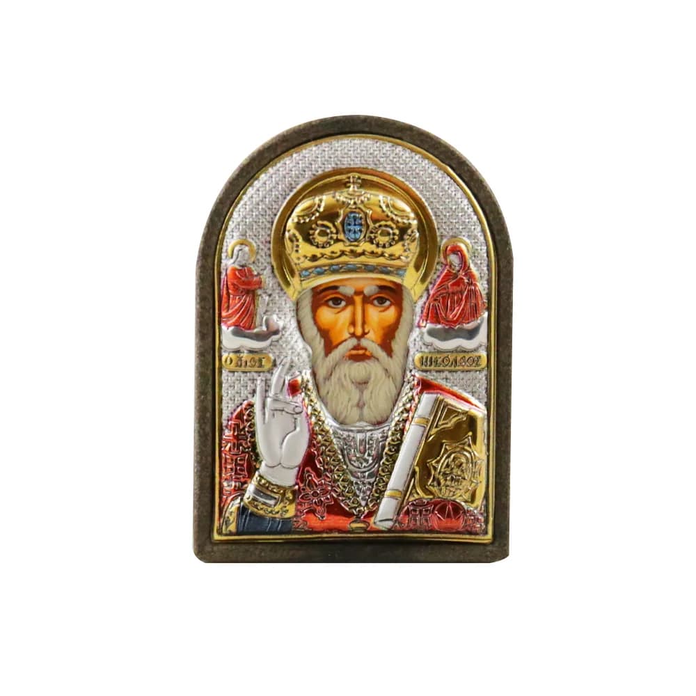 Икона «Николай Чудотворец», арочная, риза мет., рамка пласт., напыление серебро&золото&цв.эмаль, 4×6 см