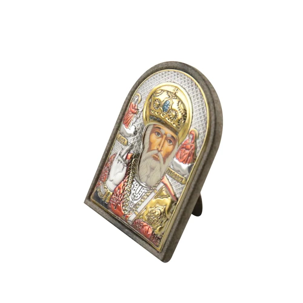 Икона «Николай Чудотворец», арочная, риза мет., рамка пласт., напыление серебро&золото&цв.эмаль, 4×6 см
