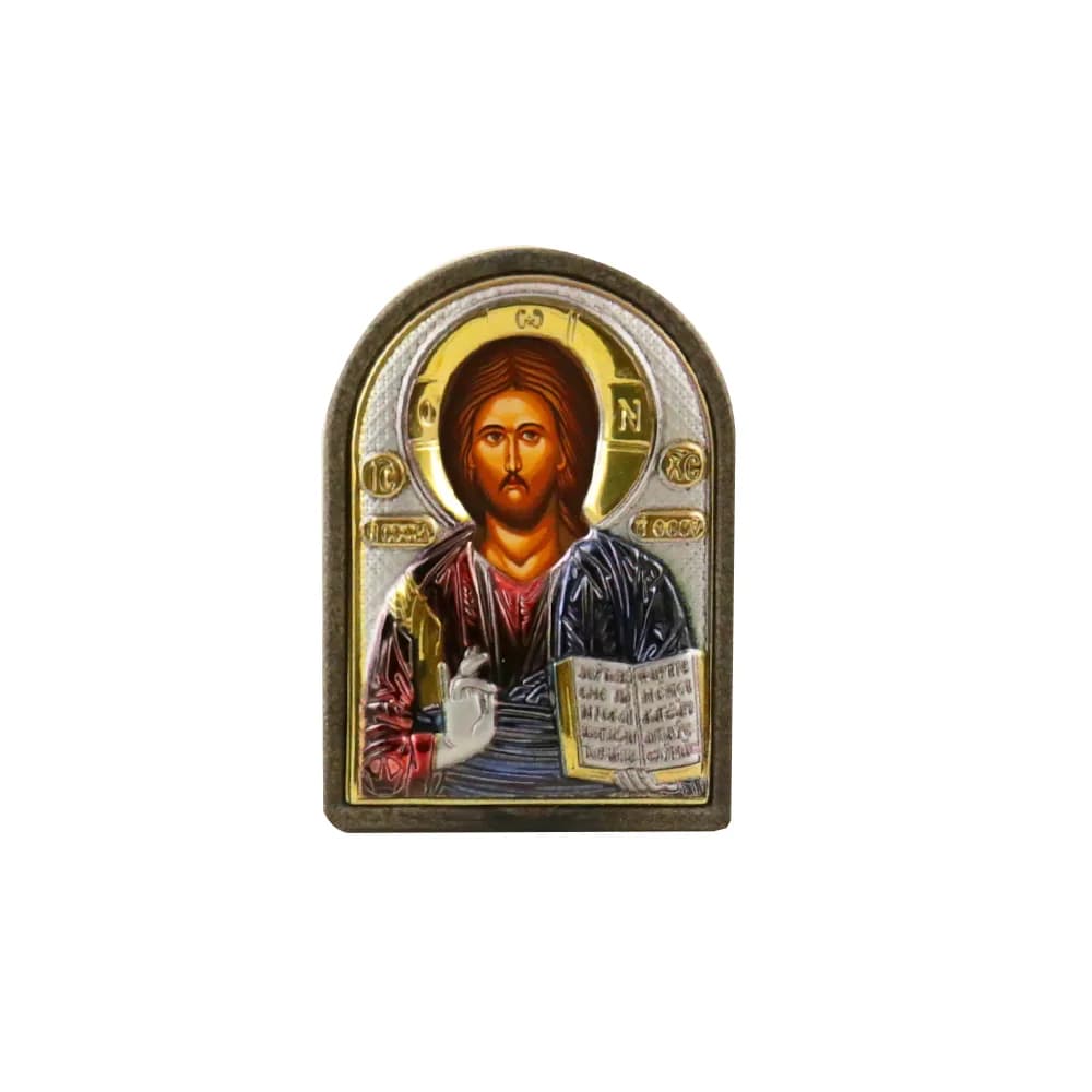 Икона «Спаситель», арочная, риза металл, рамка пластик, напыление серебро&золото&цв.эмаль, 4×6 см
