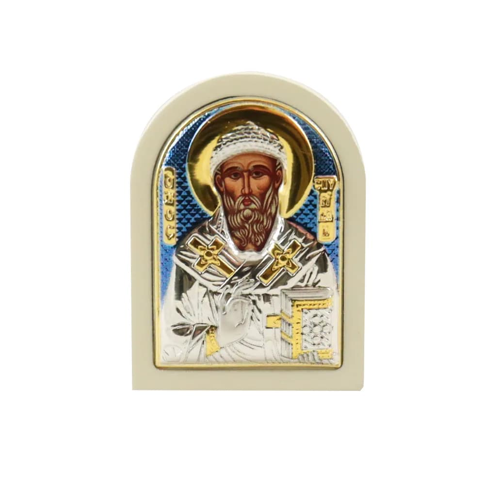 Икона «Спиридон Тримифунтский», арочная, риза мет., рамка св. мдф, напыление сер.&зол.&цв.эмаль, 4×6 см