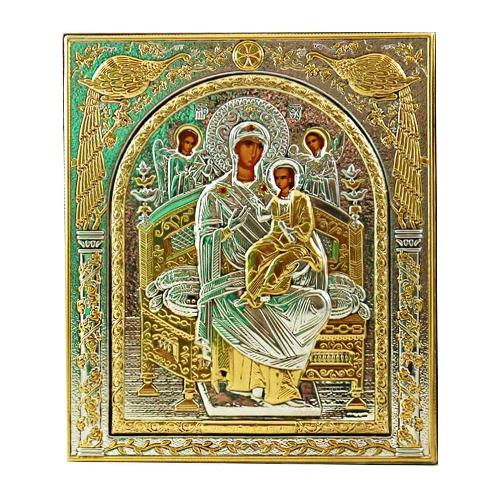 Икона «Всецарица», античная риза, металл, рамка мдф, напыление серебро&золото, 15×18 см