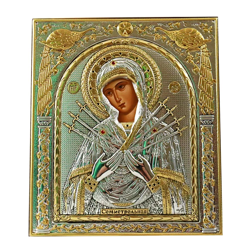 Икона «Семистрельная», античная риза, металл, рамка мдф, напыление серебро&золото, 15×18 см