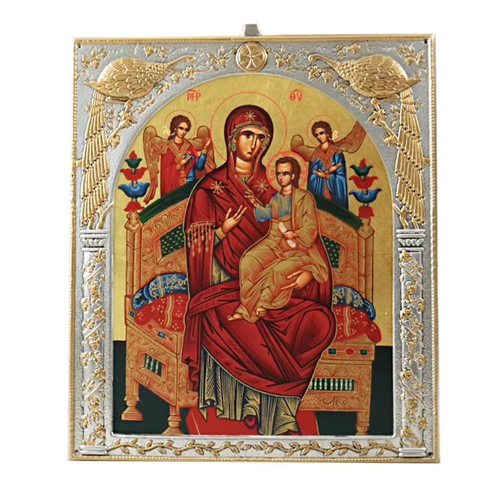 Икона «Всецарица», античная риза, металл, рамка мдф, напыление серебро&золото, 20,7×24,5 см