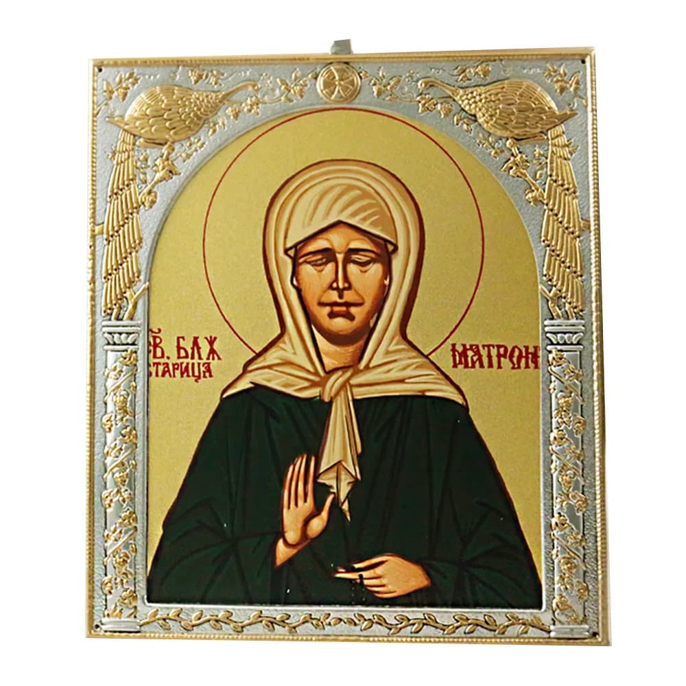 Икона «Матрона», античная риза, металл, рамка мдф, напыление серебро&золото, 20,7×24,5 см