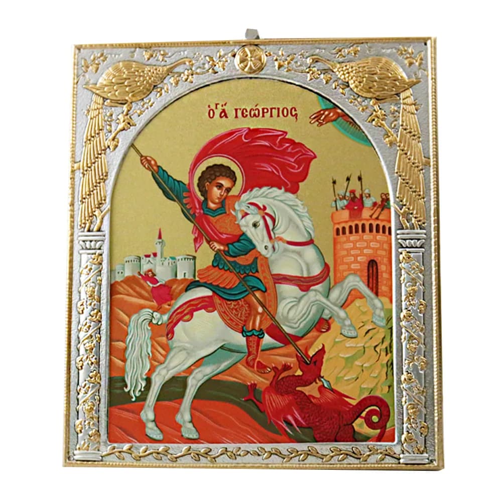 Икона «Георгий Победоносец», античная риза, металл, рамка мдф, напыление серебро&золото, 15×18 см