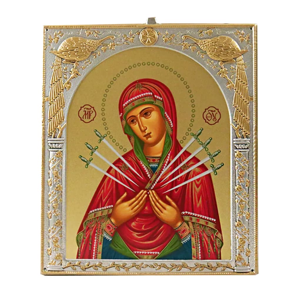 Икона «Семистрельная», античная риза, металл, рамка мдф, напыление серебро&золото, 15×18 см