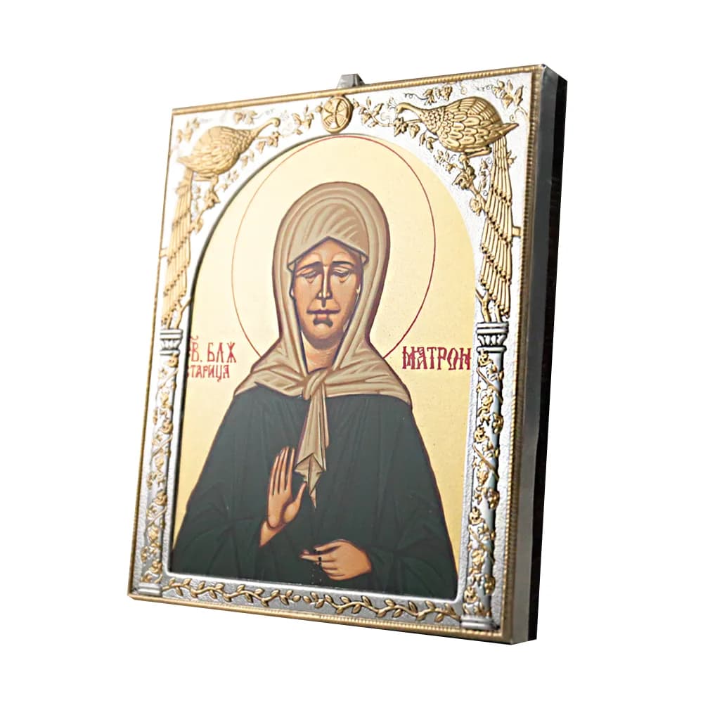 Икона «Матрона», античная риза, металл, рамка мдф, напыление серебро&золото, 15×18 см