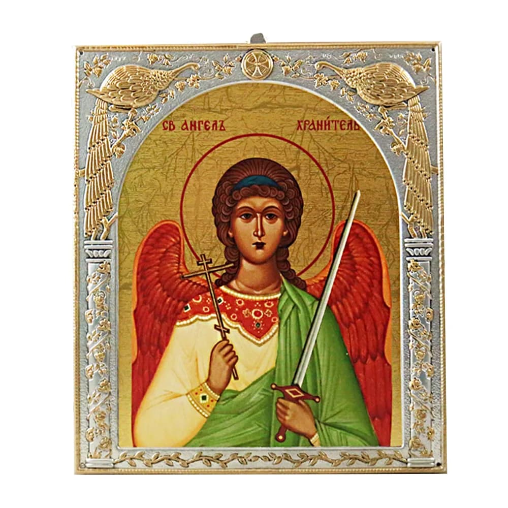 Икона «Ангел Хранитель», античная риза, металл, рамка мдф, напыление серебро&золото, 15×18 см