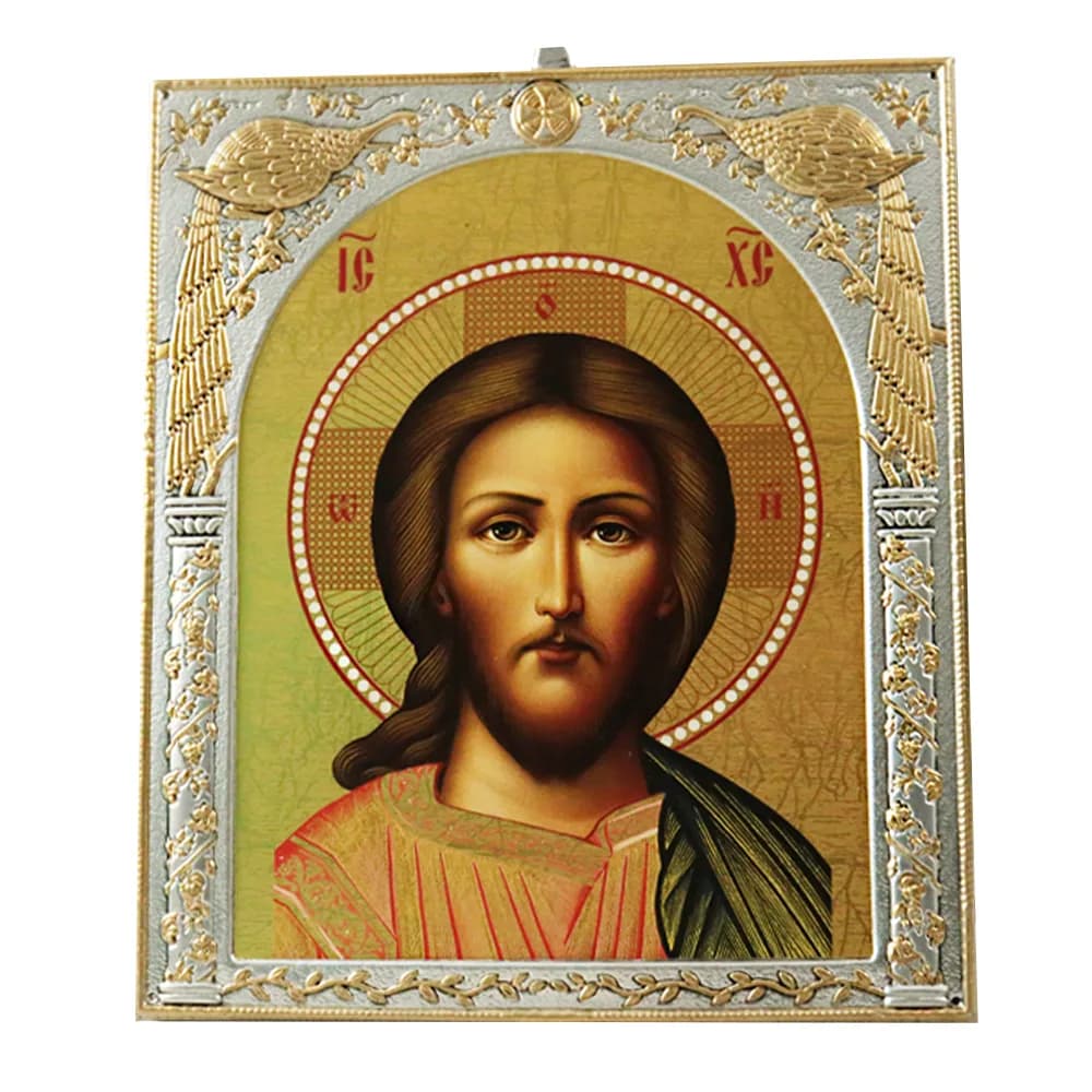 Икона «Спаситель», античная риза, металл, рамка мдф, напыление серебро&золото, 15×18 см