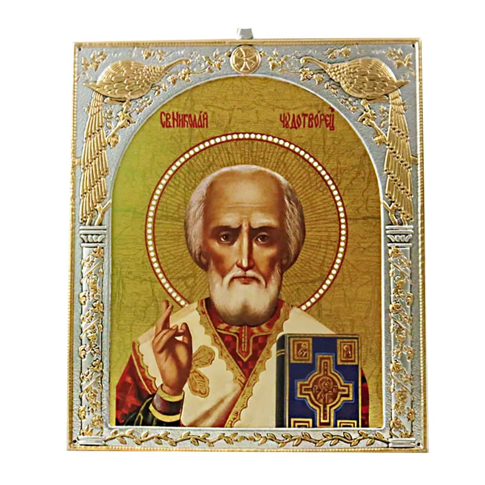 Икона «Николай Чудотворец», античная риза, металл, рамка мдф, напыление серебро&золото, 15×18 см